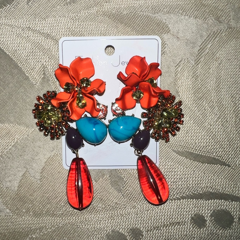 Fashion Jewelry Orange and Blue Statement Earrings